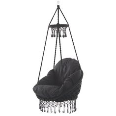 a black hanging chair with crystal chandelier on the top and bottom, in front of a white background