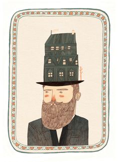 a drawing of a man with a house on top of his head in a frame