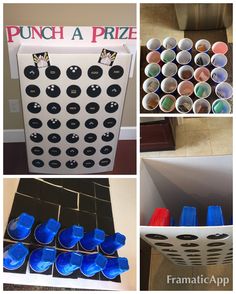 there are many different items in this collage that include plastic cups, punch a prize and cupcakes