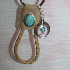 Nwt: Western Tan Braided Leather Key Chain, It Has Turquoise Stone On It Plus It Has A Small Squash Blossom On It Also, 5" Squash Blossom Necklace Sterling Silver Mounted, Turquoise Squash Blossom, Southwestern Adjustable Hand-strung Turquoise Necklace, Leather Key Chain, Squash Blossom, Ring Color, Leather Key, Leather Keychain, Braided Leather