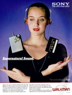 an advertisement for sony headphones with a woman holding her hands in front of her face