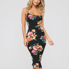 Fashion Nova Floral Midi Dress Black Dress With Floral Print Floral Print Midi Dress For Night Out, Chic Black Fitted Floral Dress, Fitted Black Floral Dress For Spring, Chic Fitted Black Floral Dress, Spring Black Bodycon Dress For Brunch, Black Floral Midi Dress For Day Out, Spring Brunch Black Bodycon Dress, Black Midi Dress For Spring Brunch, Black Midi Length Bodycon Dress For Brunch