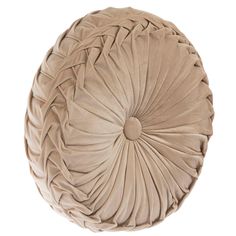 a round cushion with pleated fabric on the top and bottom, sitting in front of a white background