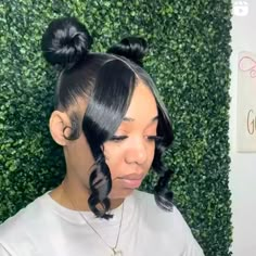 Two Buns With Bangs Natural Hair, Slick Styles Black Women, Curly Hair Ponytail With Bangs, Two Bangs With Ponytail, Short Weave Ponytail, Bantu Knots With Ponytail, Two Buns With Bangs, Kids Hairstyles Natural Hair, Slick Buns