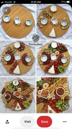 four pictures showing different types of food on a wooden platter, including cheeses and grapes