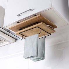 a kitchen hanging from the ceiling with two towels on it's rack and one folded up