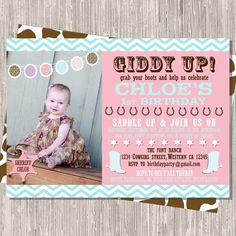 Western Cowgirl Birthday Invitation   Giddy by pickledoodledesigns, $16.00 Cowgirl Birthday Invitations, Cowgirl Birthday, Wedding Theme Colors, Western Cowgirls, Western Cowgirl, Bday Party, Color Themes, Birthday Invitations, Birthday Parties