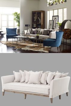 two different views of a living room with couches, chairs and tables in it