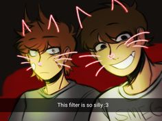 two young men are smiling with their faces glowing in the background and text that reads, this filter is so silly 3