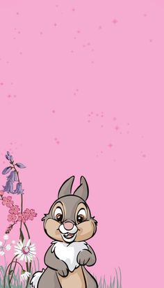 a cartoon rabbit sitting in the grass with flowers on it's back and pink background