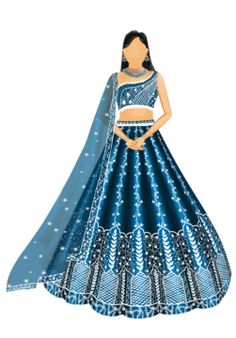 a woman in a blue and white lehenga is standing with her hands on her hips