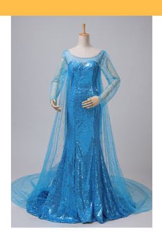 a mannequin wearing a blue dress with long sleeves