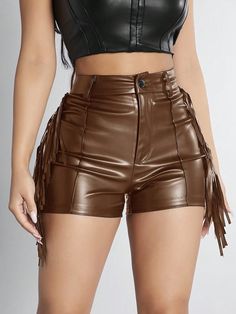 Solid Color Tassel Detail Skinny Shorts Brown Casual   PU Leather Plain Straight Leg Non-Stretch  Women Clothing, size features are:Bust: ,Length: ,Sleeve Length: Womens High Waisted Shorts, Brown Legs, Leg Sleeves, Women Shorts, Brown Shorts, Body Con Skirt, Leather Shorts, Picture Poses, High Waisted Shorts