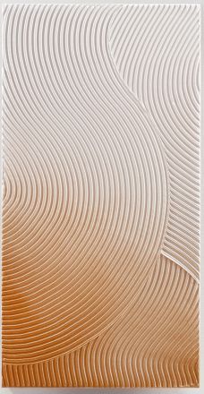 an orange and white painting with wavy lines