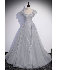 Get 10% off now! Buy grey tulle long prom dress with embroidered sequins at cheap price online. Free stable shipping and pro custom service since 2009. Light Grey Prom Dress, Lace Long Prom Dress, Grey Evening Dresses, Grey Prom Dress, Long Formal Dress, Gaun Fashion, A Line Evening Dress, Chique Outfits, Lace Party Dresses