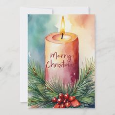 a watercolor christmas card with a candle and pine branches on the front, which reads merry christmas