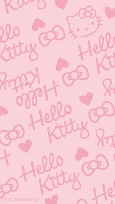 hello kitty wallpaper in pink with hearts and the word hello kitty written on it