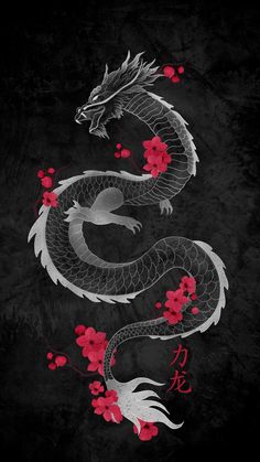 a black and white dragon with red flowers on it's tail, in front of a dark background