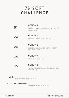 Stay motivated and conquer the 75 Soft Challenge with our comprehensive tracker! This digital document includes five pages designed to keep you on track every step of the way. Whether you're embarking on this intense fitness and mental toughness journey for the first time or as a seasoned veteran, our tracker is your perfect companion. What's Included: 1. Front Page: Lists the 5 daily actions you must complete for the 75 Soft Challenge. 2. Page 2: Weeks 1-3 A detailed checkbox grid for tracking your daily progress during the first three weeks. 3. Page 2: Weeks 4-6 Continue your journey with a checkbox grid for weeks four through six. 4. Page 3: Weeks 7-9 Stay committed to your goals with a checkbox grid for weeks seven through nine. 5. Page 4: Final Week and Days Finish strong and mark you 75 Soft Challenge Christian, 72 Soft Challenge, 75 Soft Challenge Rules, Soft 75 Challenge, 75 Day Soft Challenge, 75 Medium Challenge, 75 Hard Challenge