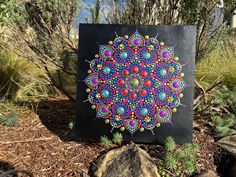 a colorful painting on a black board in the middle of some plants and rocks with trees behind it