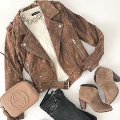 Chic Brown Biker Jacket For Fall, Chic Winter Biker Jacket, Chic Long Sleeve Biker Jacket For Winter, Casual Biker Jacket For Spring, Casual Biker Jacket For Spring Cold Weather, Casual Biker Jacket For Cold Spring Weather, Chic Long Sleeve Leather Jacket For Winter, Fitted Fall Outerwear, Fall Biker Jacket With Zipper For Cold Weather