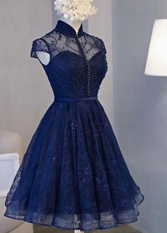 Navy Homecoming Dress, Navy Blue Homecoming Dress, Navy Blue Prom Dress, Lace Party Dress, Dresses Dinner Party, Gaun Fashion, Dresses Dinner, Blue Homecoming Dresses, Lace Party Dresses