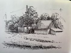 a pen drawing of a farm house in the country side with trees and grass around it