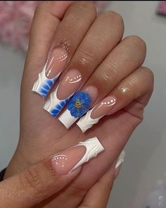 Xl Gel Nails, Summer Nail Inspo White, Nail Inspo White, Blue Summer Nails, Henna Nails, Long Square Nails, Acrylic Nail Set, Blue Acrylic Nails, Colored Acrylic Nails