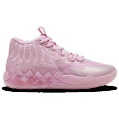 a pink sneaker with laces on the side and an upper part that is made out of mesh