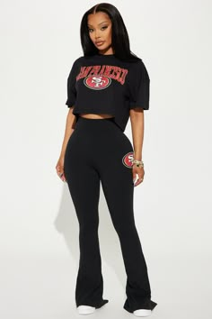 Available In Black. Flare Pant 49ers Graphic Side Screen Split Hem Pair Back To "49ers Cropped Jersey" Disclaimer: Due To The Printing Process A Difference In Saturation May Occur. Each Garment Is Unique. 95% Cotton 5% Spandex Imported | 49ers Fit And Flare Pant in Black size 3X by Fashion Nova Flare Dress Pants Outfit, 49ers Outfit Women, Dress Pants Outfit, 49ers Apparel, Trousers Women Outfit, 49ers Outfit, Cropped Jersey, Dress Pants Outfits, Flare Dress Pants