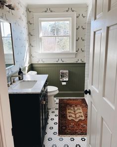 a bathroom with a sink, toilet and rug in it