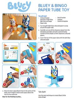 the instructions for how to make an origami bluey and bingo paper tube toy