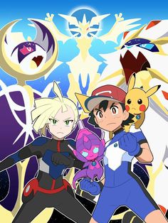 pokemon x and y characters standing in front of an abstract background