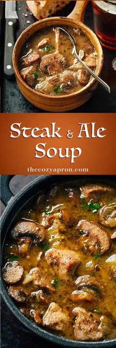 steak and ale soup in a cast iron skillet