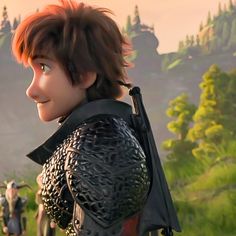 an animated character is standing in front of some other characters and looking off into the distance