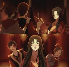 an anime scene with two women and one man