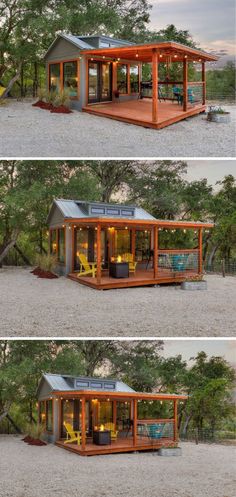 three different views of a small house in the middle of some trees and gravel with lights on