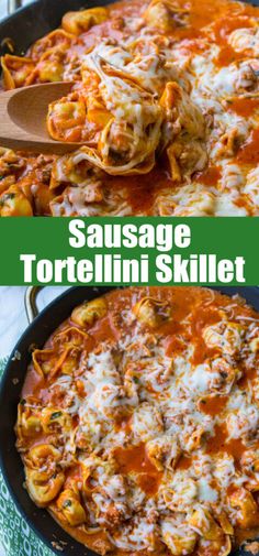 sausage tortellini skillet in a cast iron pan with cheese and sauce on top