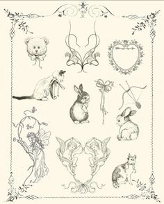 an old fashioned drawing of various animals and flowers