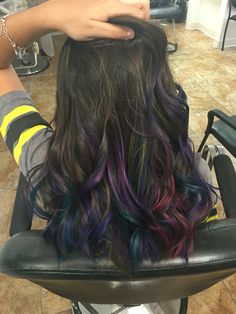 Unicorn Balayage hair Oil Spill Hair Color, Oil Spill Hair Dye, Hidden Oil Slick Hair, Subtle Rainbow Hair Brunette, Brunette Rainbow Highlights, Oil Spill Hair, A I