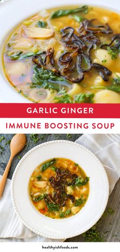 an image of garlic ginger soup in a white bowl