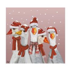 three geese wearing santa hats and scarfs