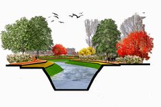 an artist's rendering of a park with trees, water and birds flying over it