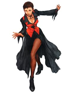 a drawing of a woman dressed in black and red, with her legs spread out