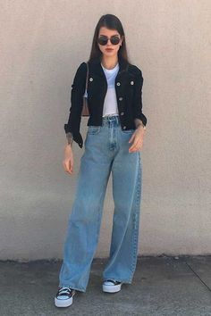 Wide Jeans Outfit, Style Wide Leg Jeans, Legs Outfit, Looks Jeans, Look Jean, Outfits With Converse