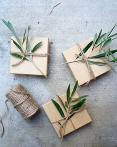 three wrapped gift boxes tied with twine and green leaves