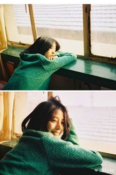 two pictures of a woman sitting on a window sill and looking out the window