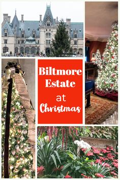 a collage of photos with the words billmore estate at christmas in red and white