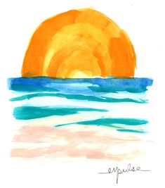 the sun is setting over the ocean with watercolors on paper, and it appears to be orange