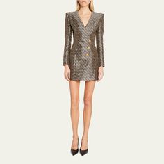 Balmain jacquard monogram dress with button detail V neckline Long sleeves; button cuffs Sheath silhouette Mini length Back zip Acetate/silk Made in Italy V Neckline, Bergdorf Goodman, Button Detail, Tops Designs, In Italy, Monogram, Long Sleeves, Mini Dress, Italy